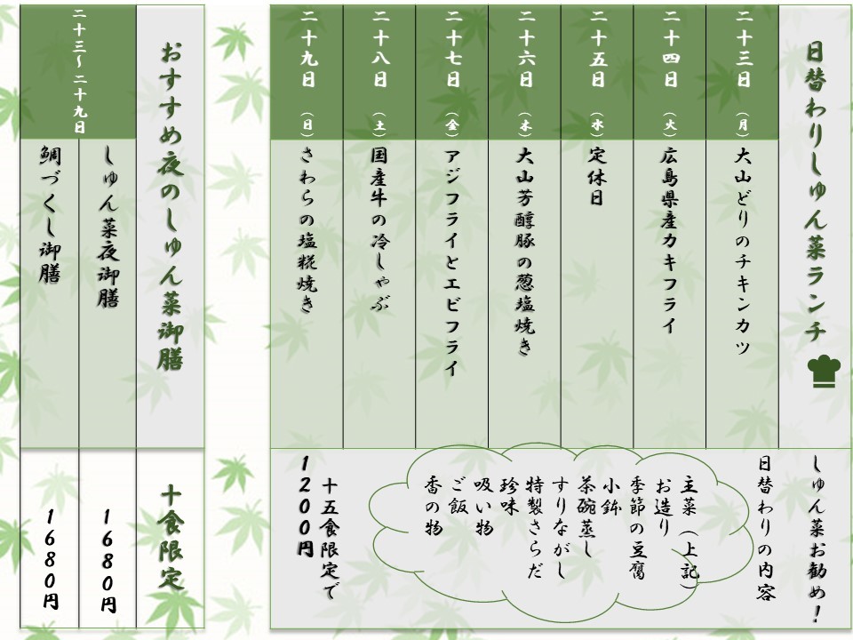 日替わりと週替わり御膳の内容